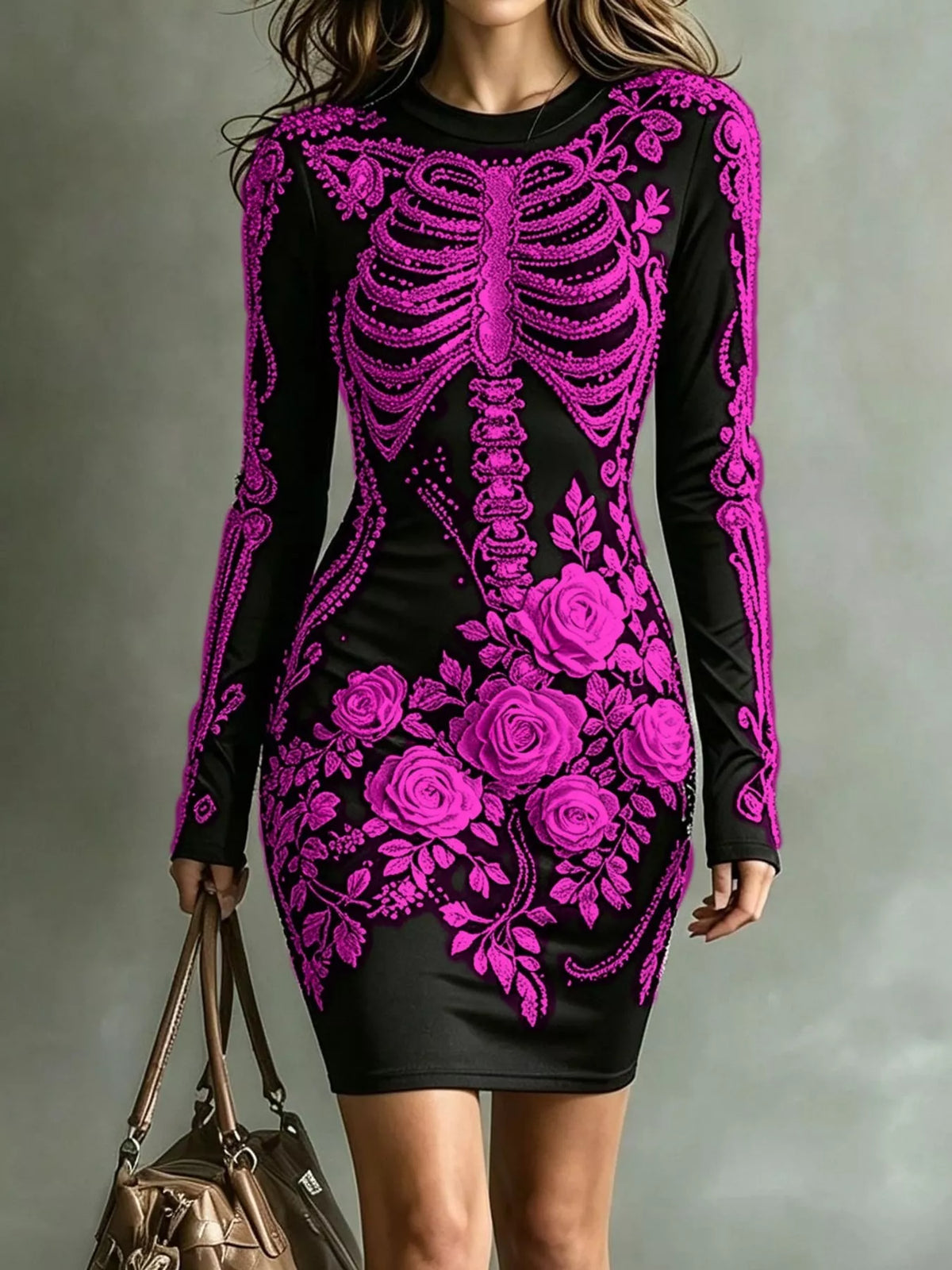 Floral skeleton dress, black with purple print front