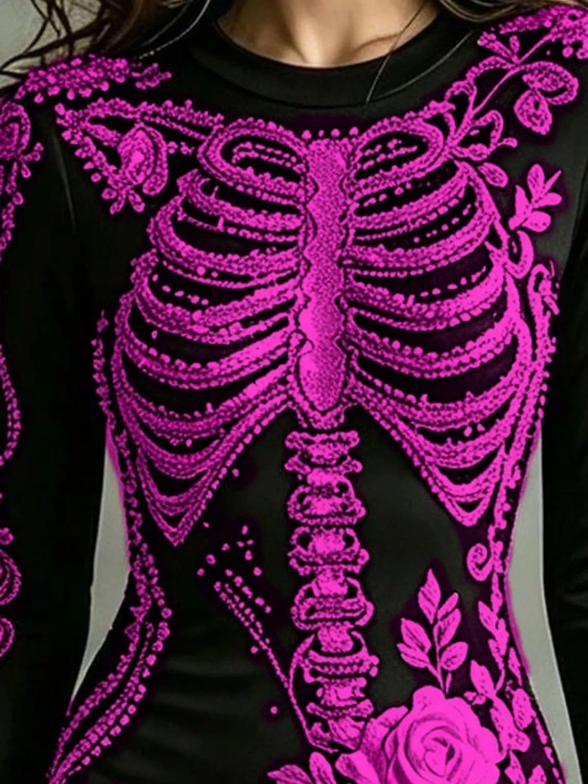 Floral skeleton dress, purple skeleton print detail