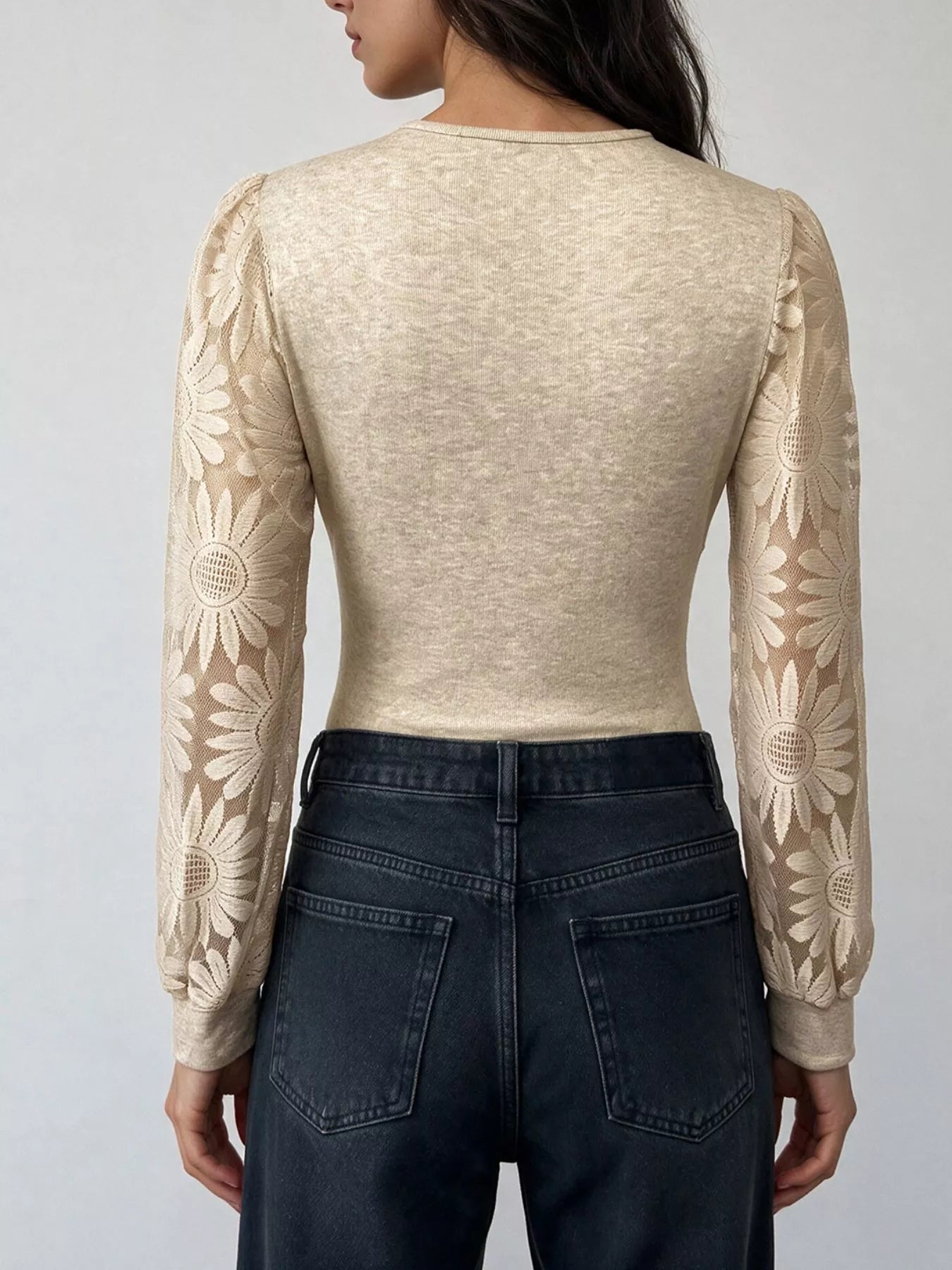 Trendsi V-Neck Lace Trim Floral Mesh Sleeve Bodysuit -