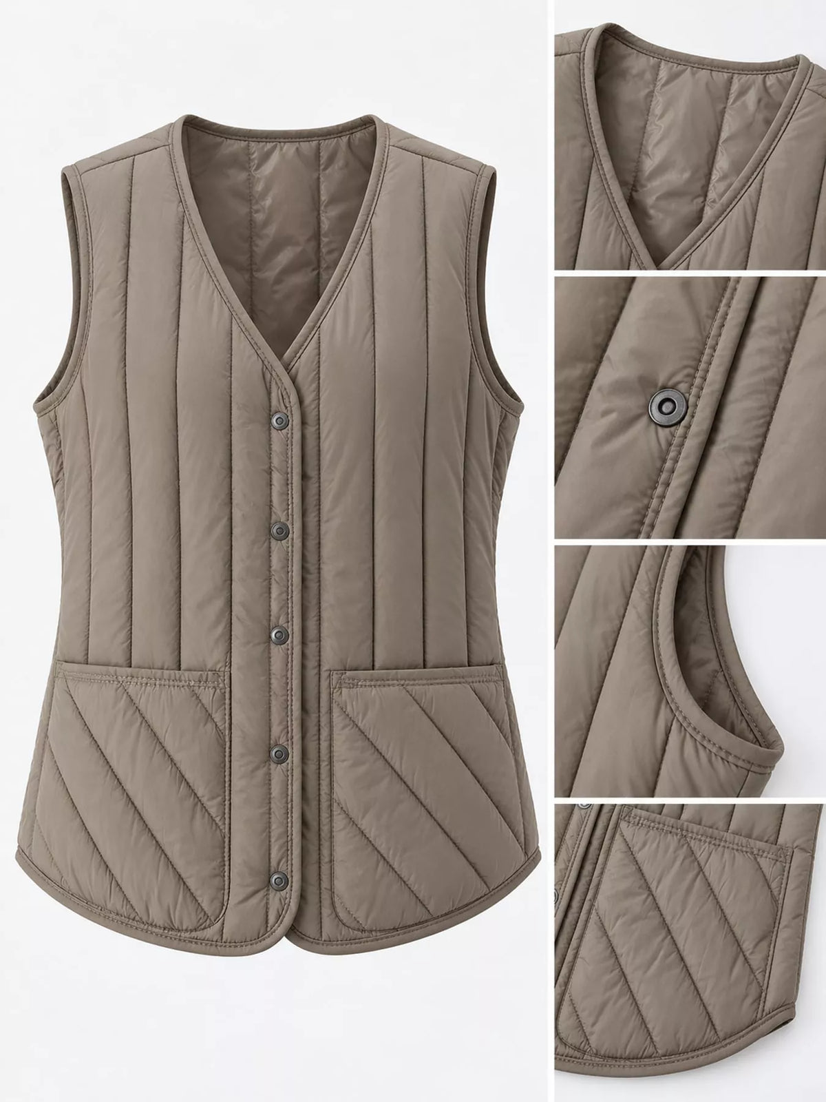 Quilted Button Up Vest in khaki, construction detail