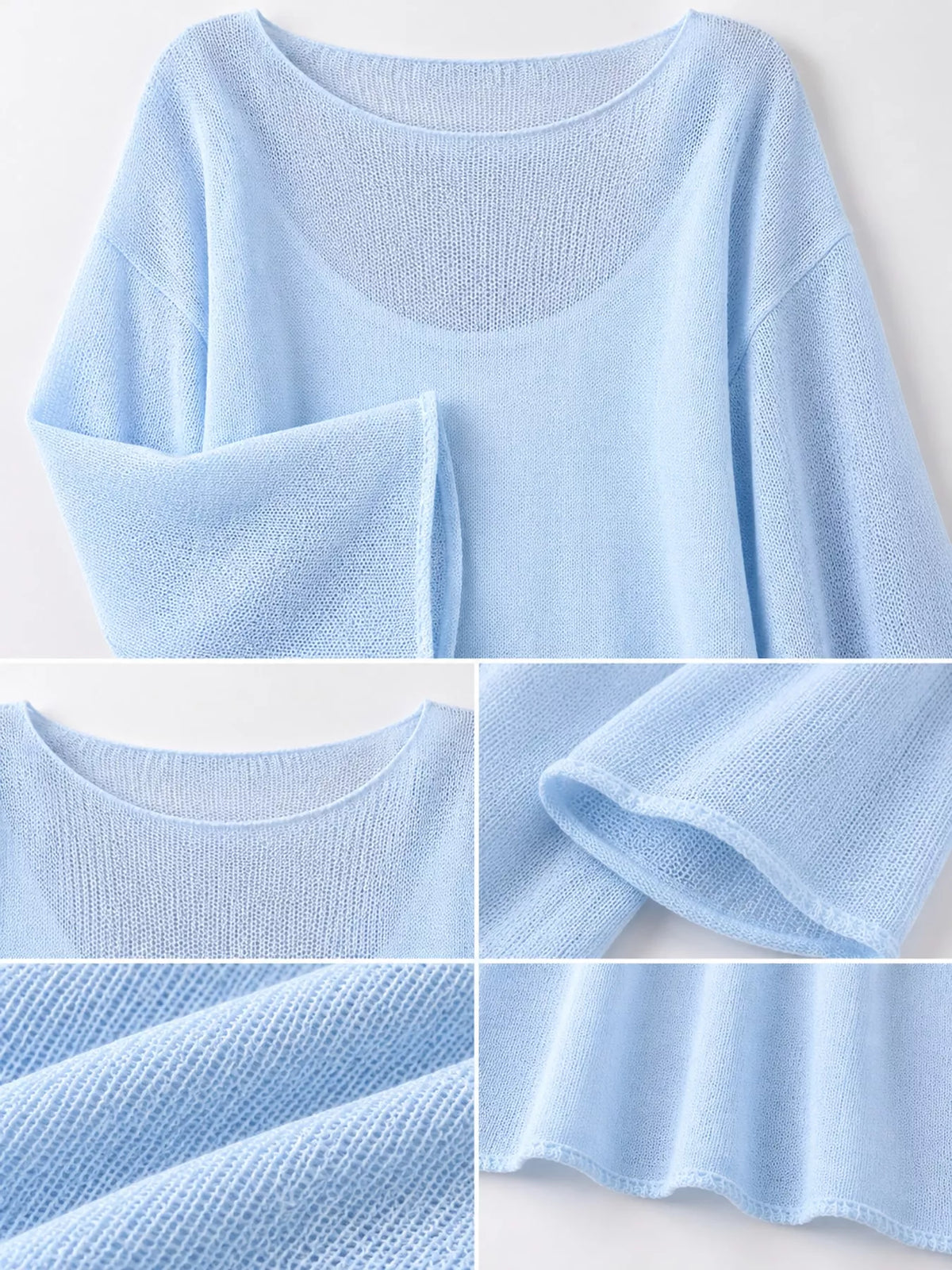 Light blue sheer openwork knit long sleeve top, construction detail collage