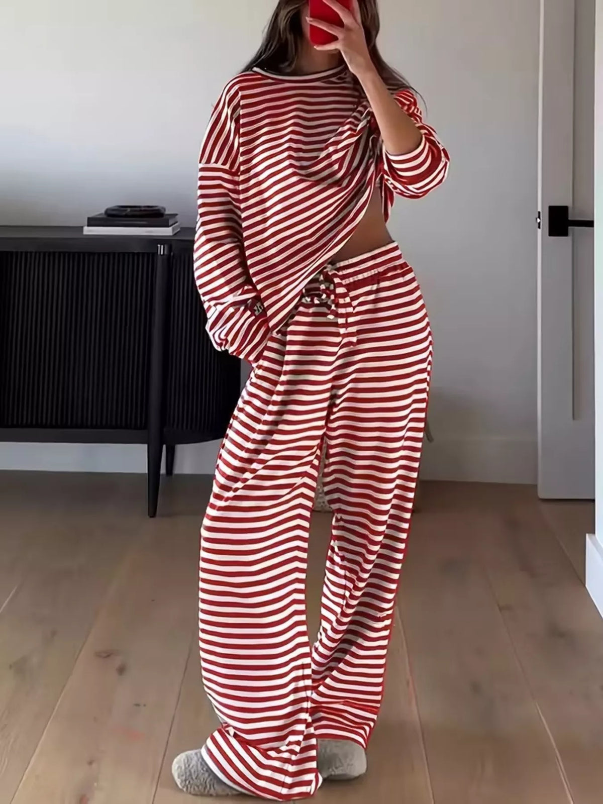 Red striped long-sleeve top and pants set, front view