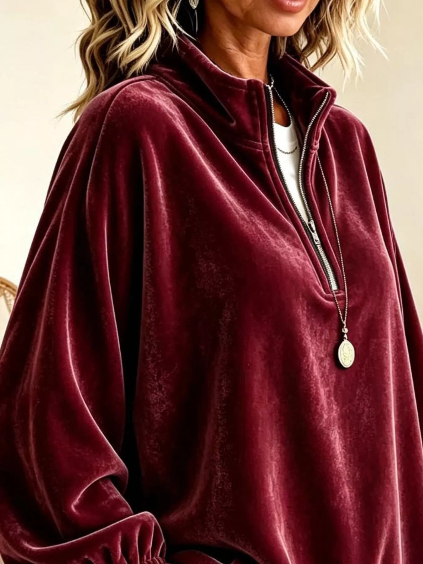 Trendsi Velvet Quarter-Zip Sweatshirt with Ruffled Cuffs -
