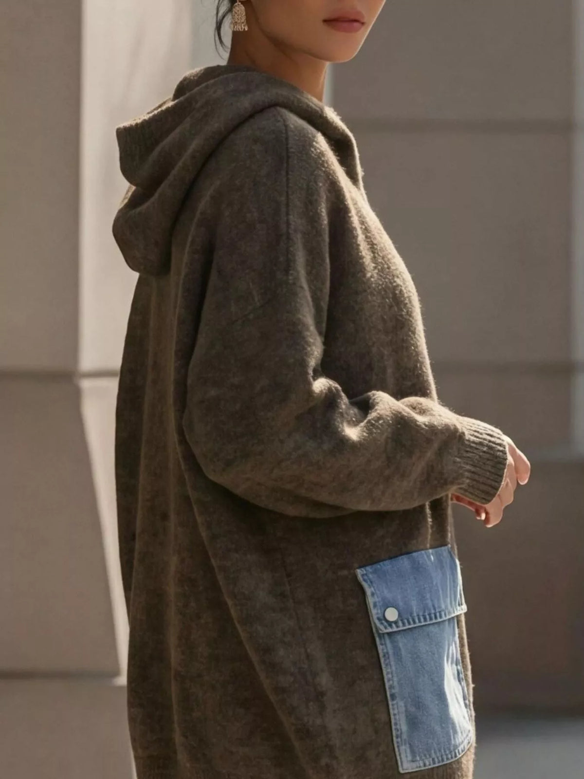 Army Green Contrast Denim Pockets Hooded Cardigan back view