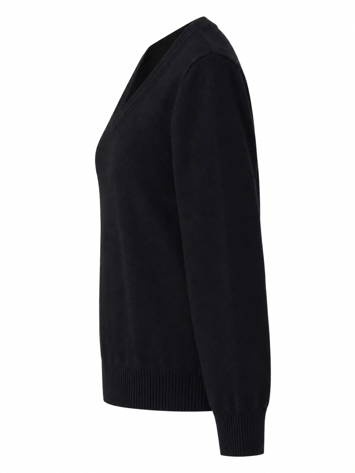 Women's V-Neck Long Sleeve Sweater in black — side view