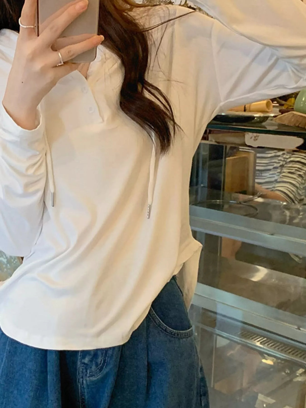 Long-Sleeve Hooded Henley T-Shirt — front view