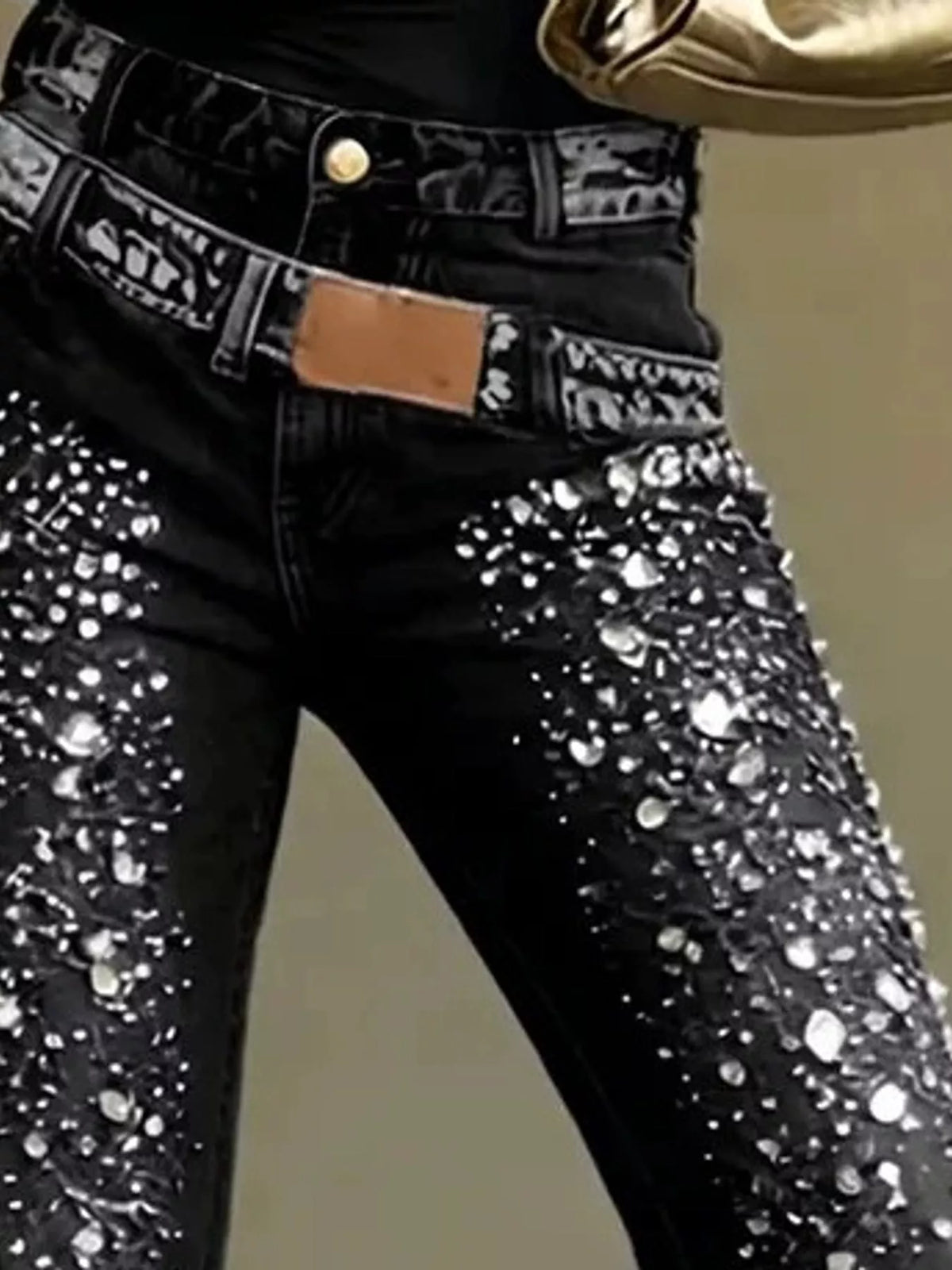 Black rhinestone embellished slim fit jeans, back view