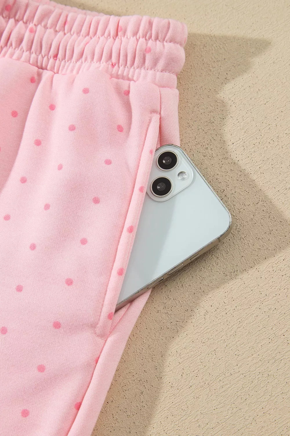 Pink polka dot oversized hoodie and shorts set — design and construction details