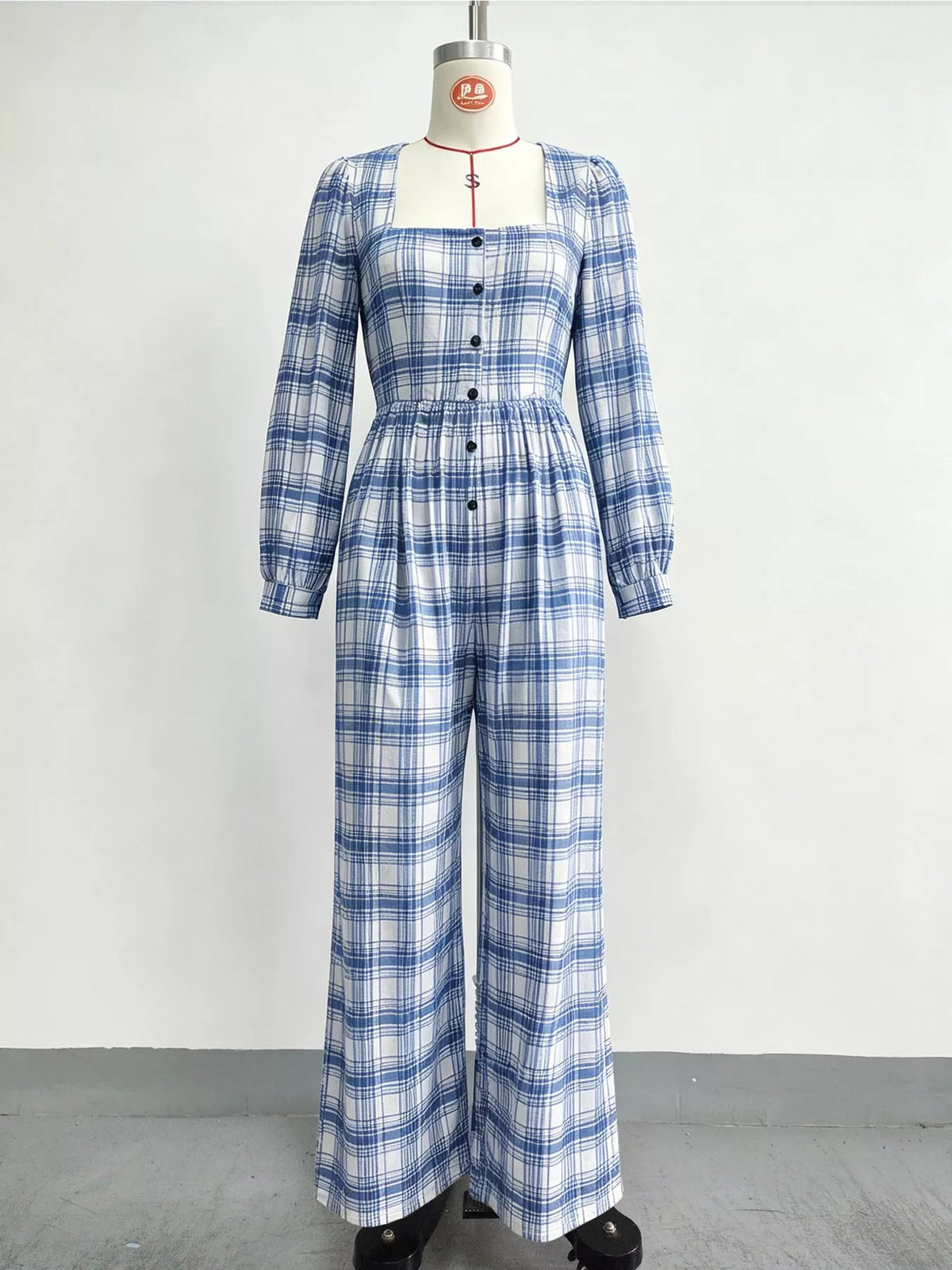 Plaid jumpsuit, light blue hanging front