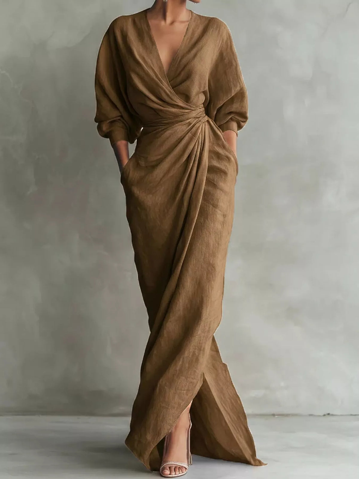 V-neck 3/4 sleeve maxi dress, front view on model