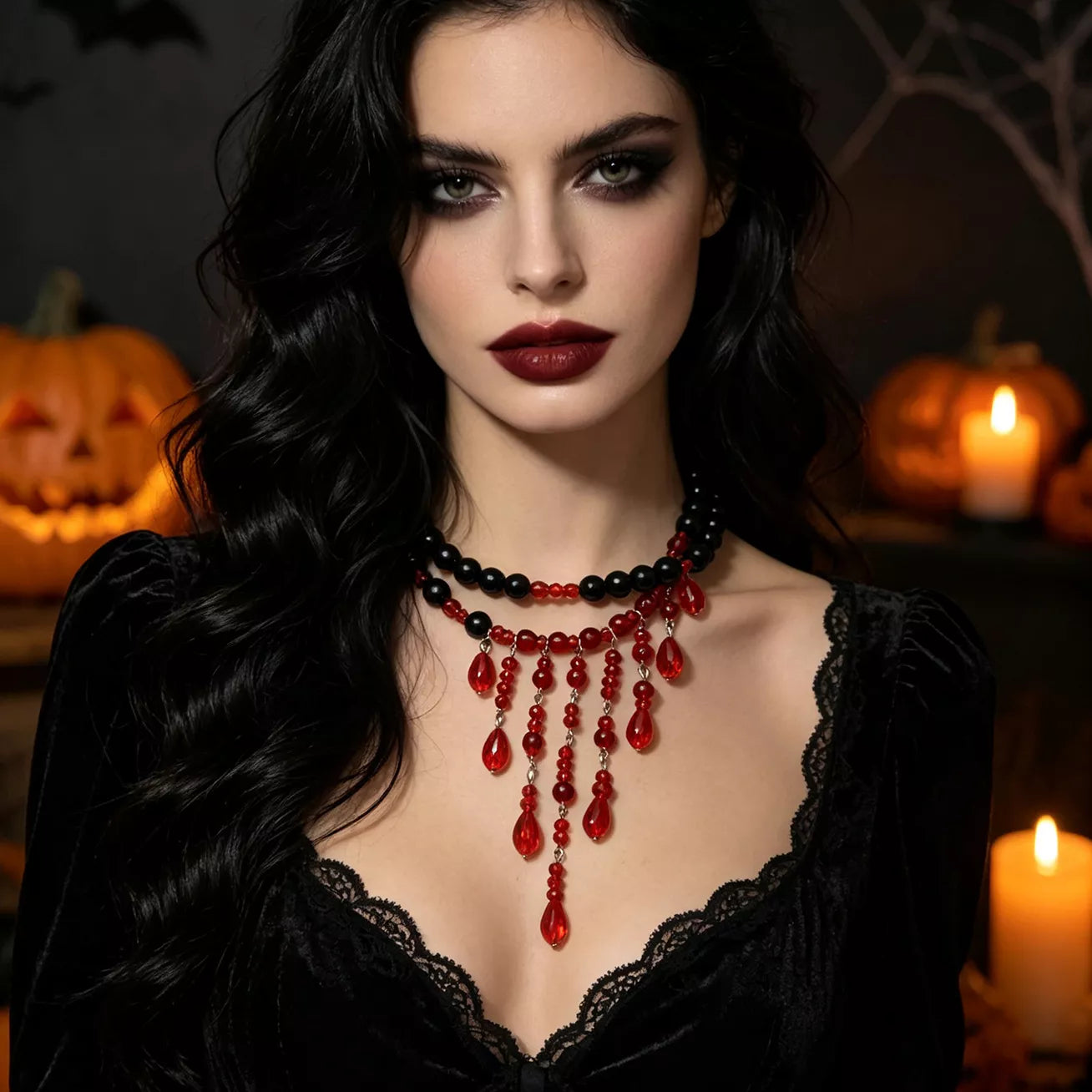 Trendsi Halloween Teardrop Beaded Double Layered Necklace -