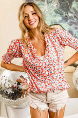 Trendsi BiBi Floral Jqd Smoked Puff Sleeves V Neck Top - Shirts