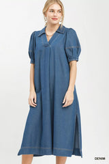 Trendsi Umgee Chambray Collared Puff Sleeve Dress -