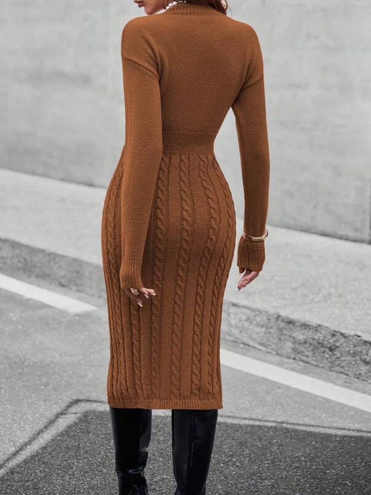 Women's Mock Neck Cable Knit Sweater Dress with Front Slit in brown — back view