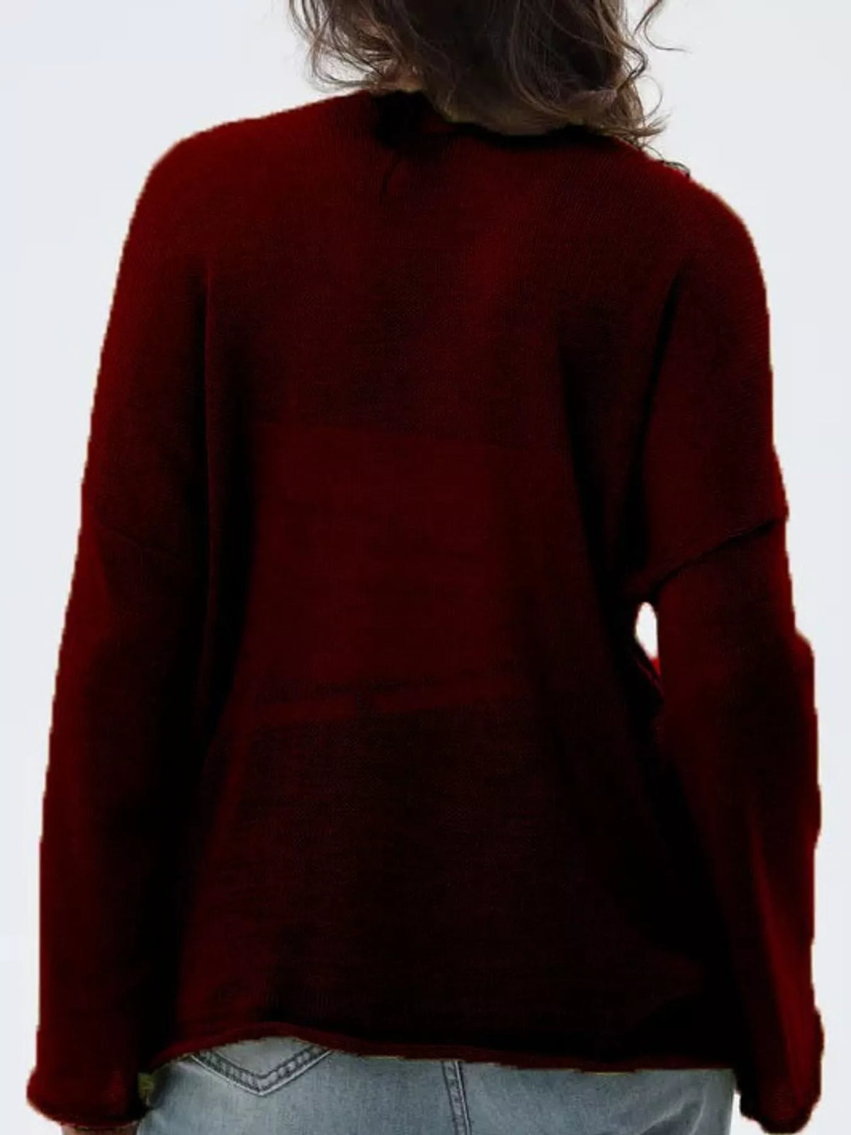 Burgundy sheer openwork knit long sleeve top, back view