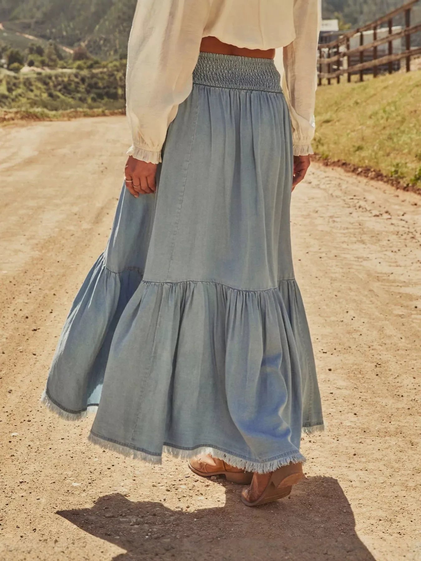 Trendsi High-Low Frayed Hem Denim Skirt -