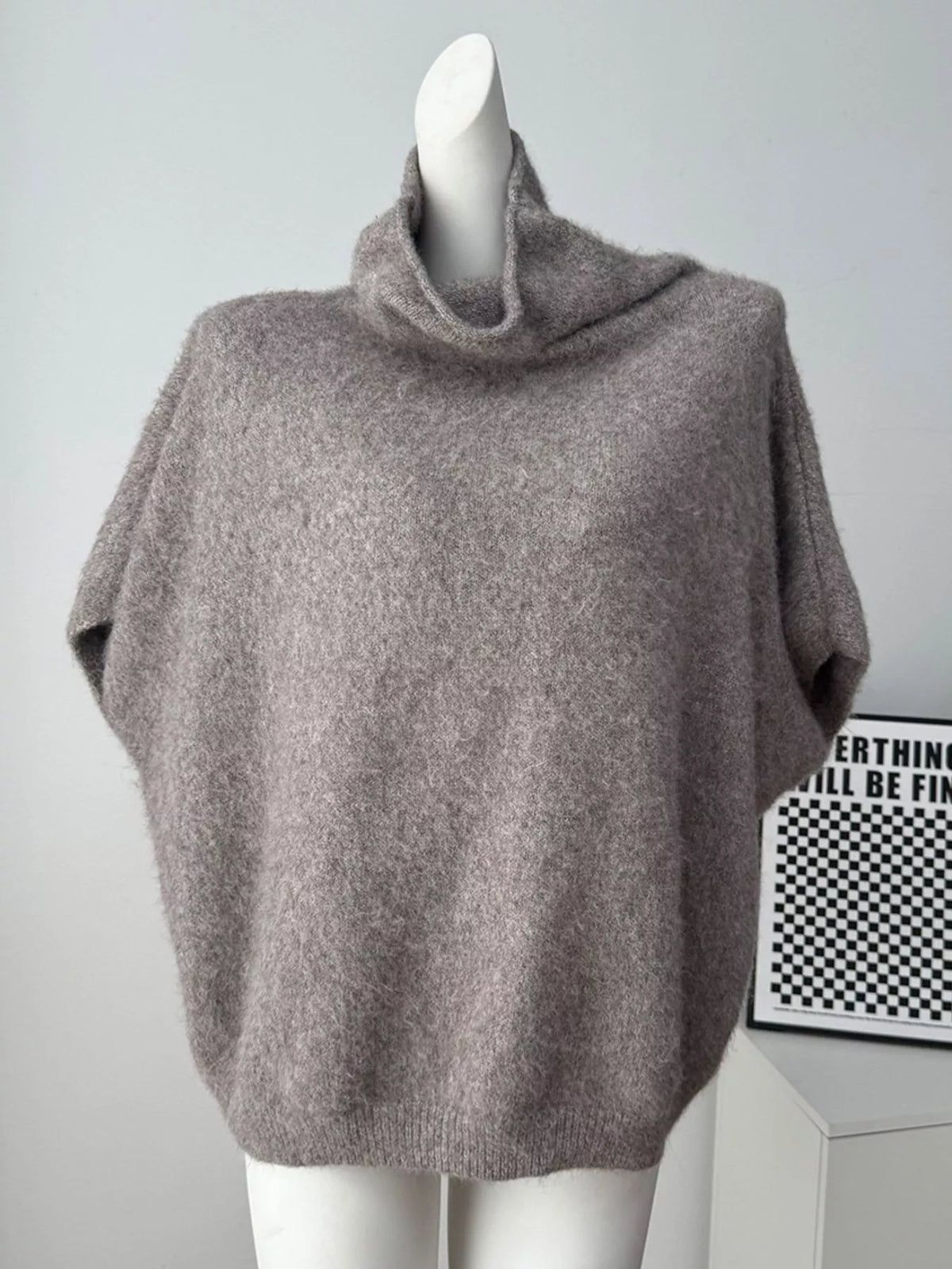 Fuzzy short-sleeve turtleneck sweater in mocha, front mannequin view