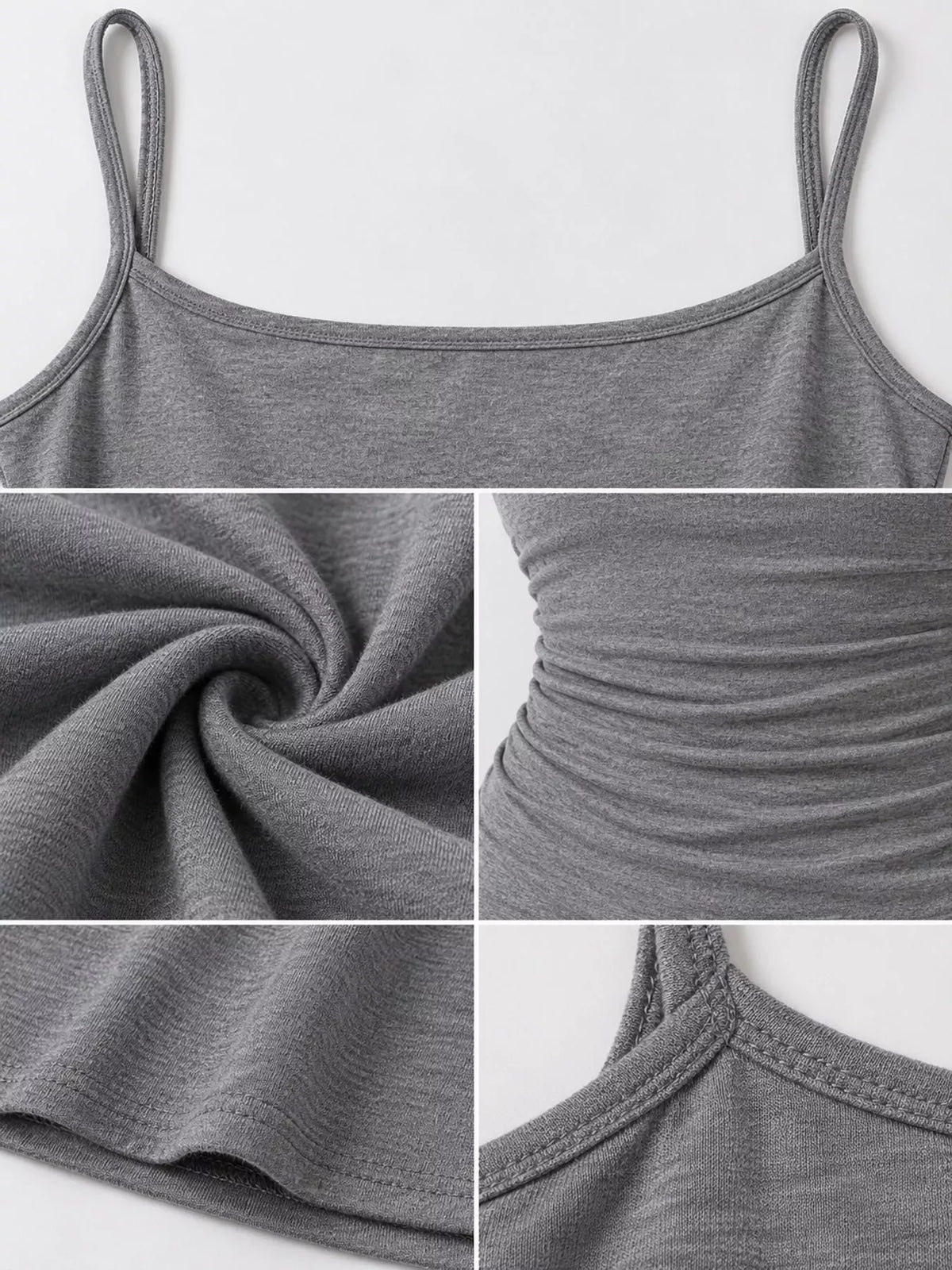 Gray bodycon spaghetti strap maxi dress, detail view