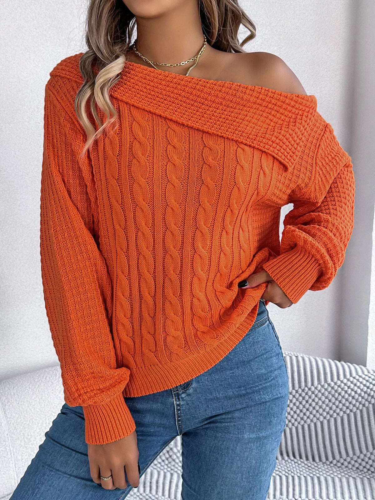 One Shoulder Cable Knit Sweater in orange, front view