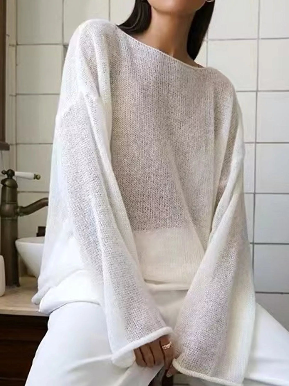 White sheer openwork knit long sleeve top