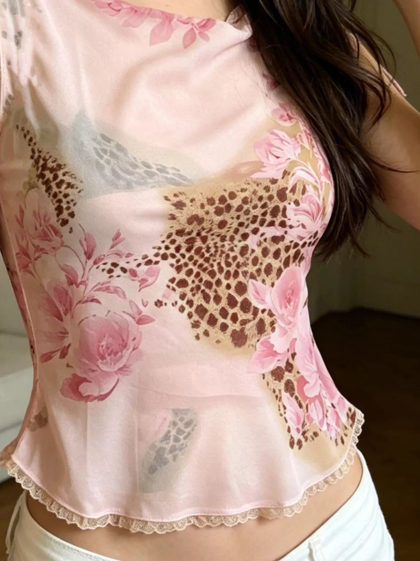Trendsi Floral Leopard Print Tie-Strap Mesh Cami -