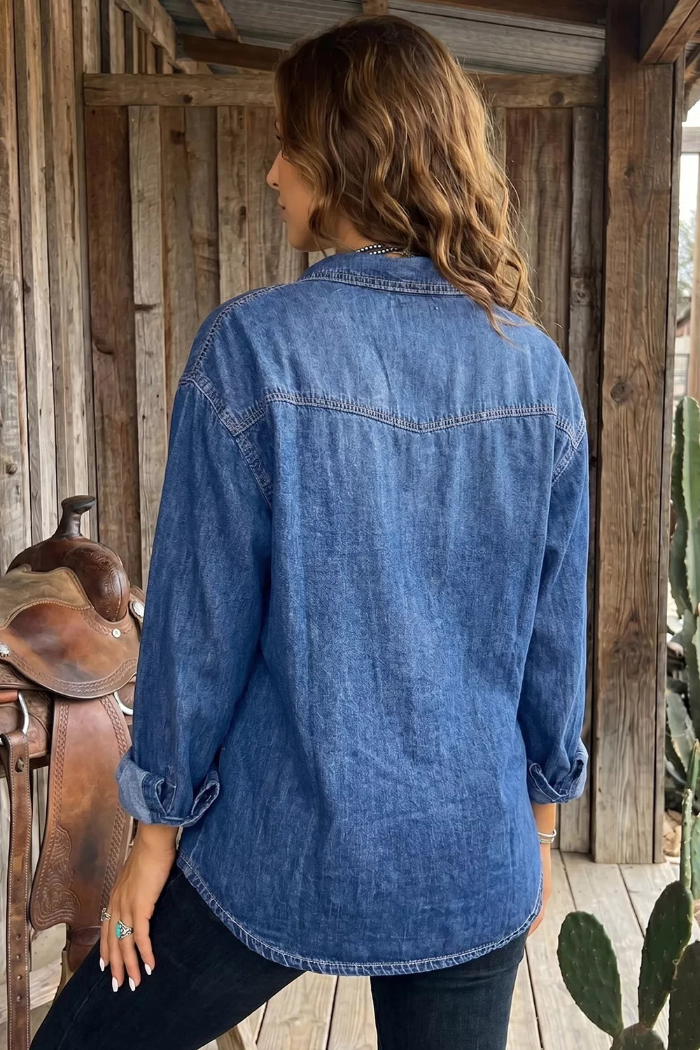 Blue western pocket denim tunic shirt, back view