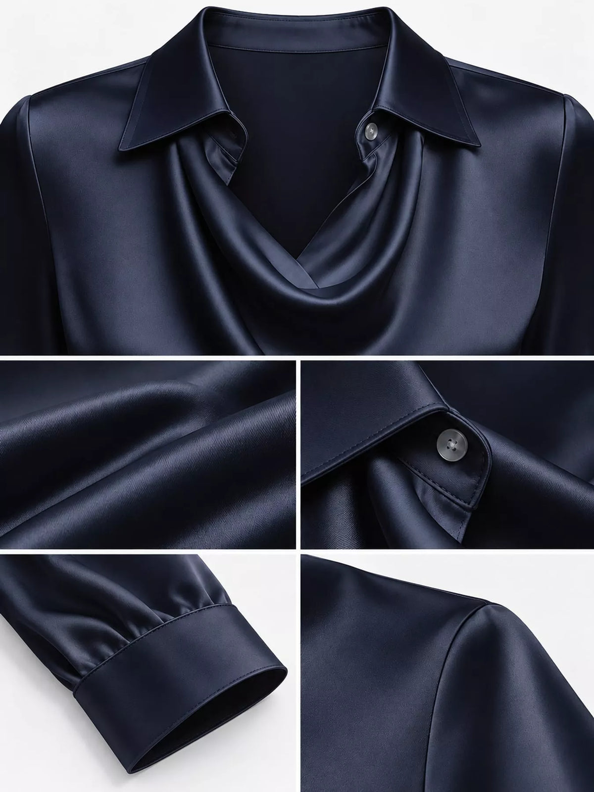 Navy satin cowl neck blouse, detail view