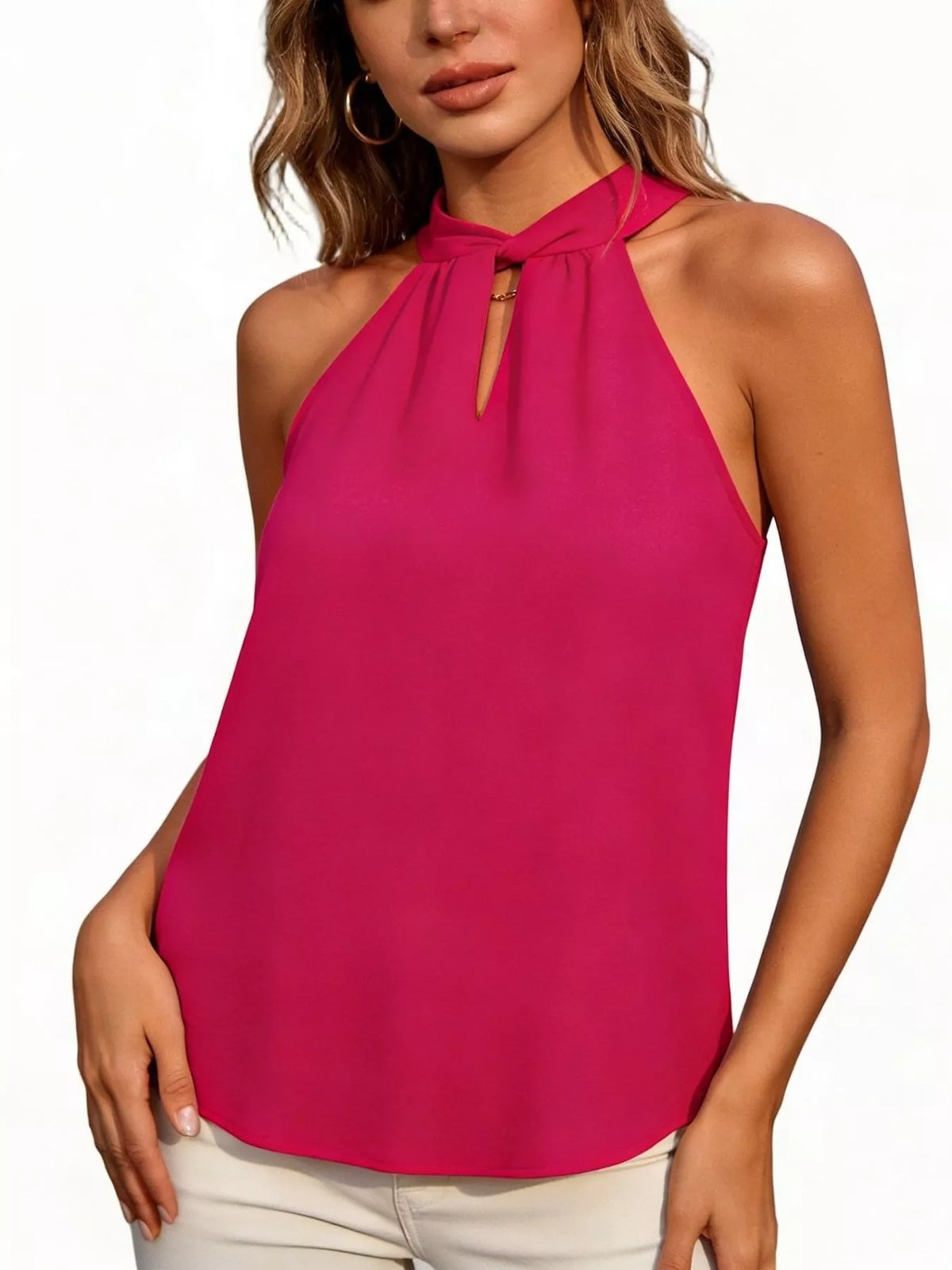Pink keyhole halter-neck tank, front view