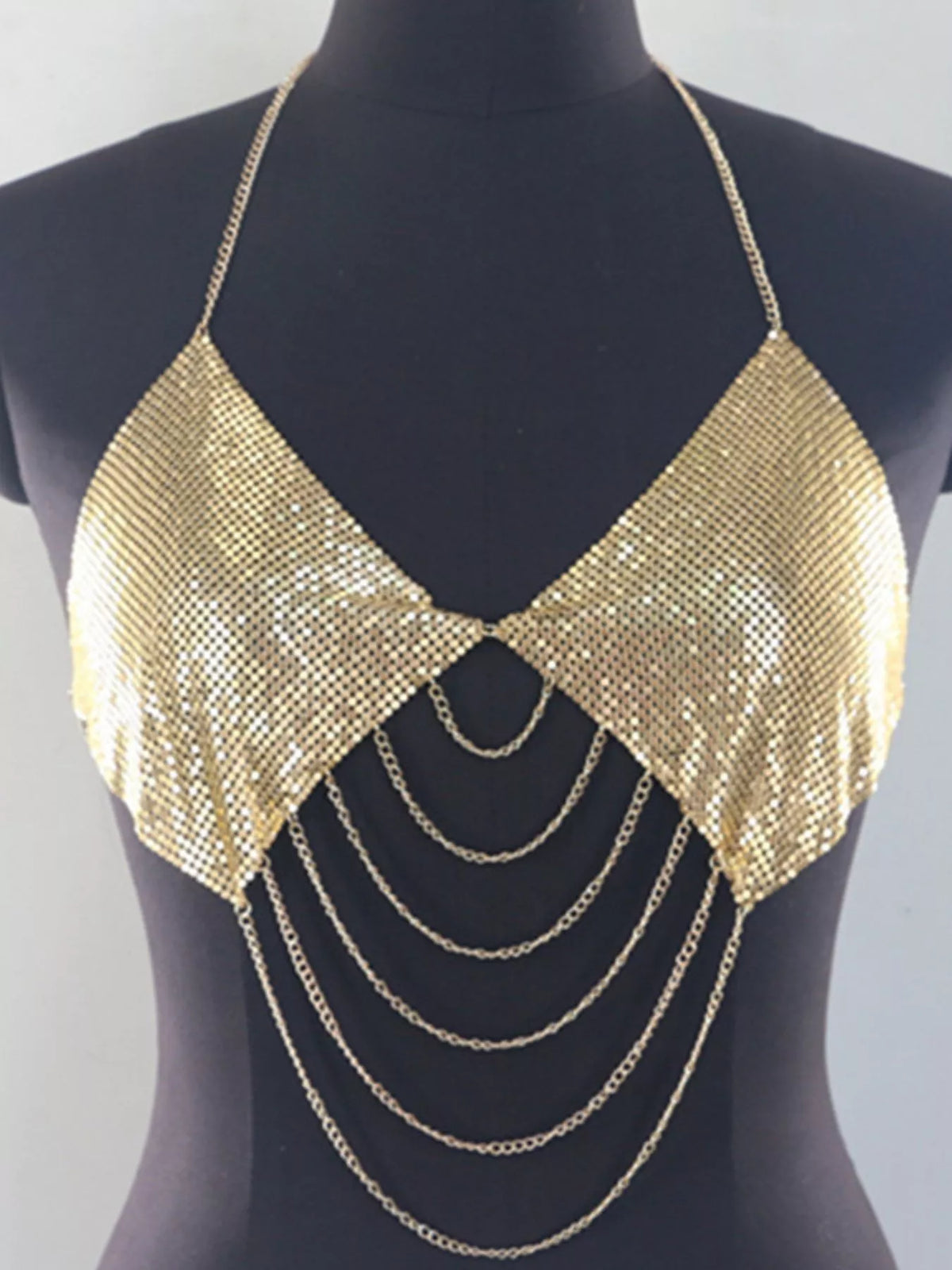 Gold metallic chainmail halter cami top, metal mesh bust panels and draped chains, front view