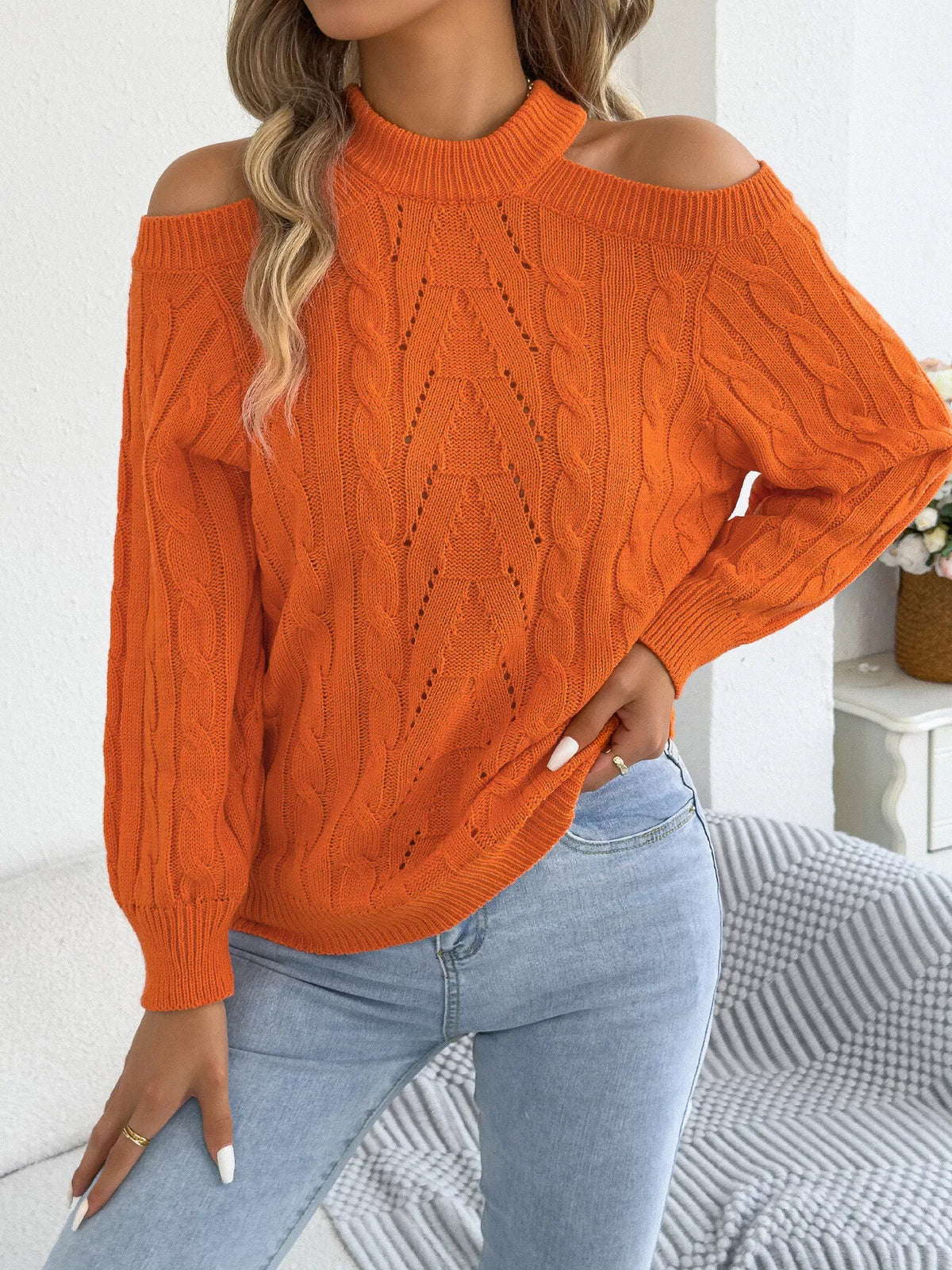 Cold Shoulder Cable Knit Sweater in orange, front view