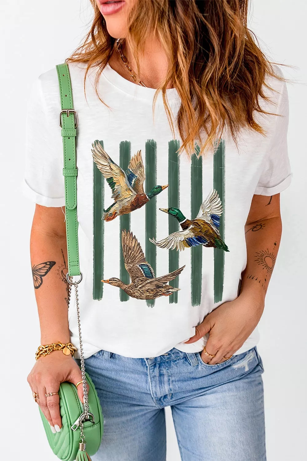 Trendsi Western Mallard Stripes Graphic Round Neck Casual Tee -