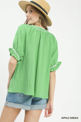 Trendsi Umgee Textured Split Neck Puff Sleeve Top -