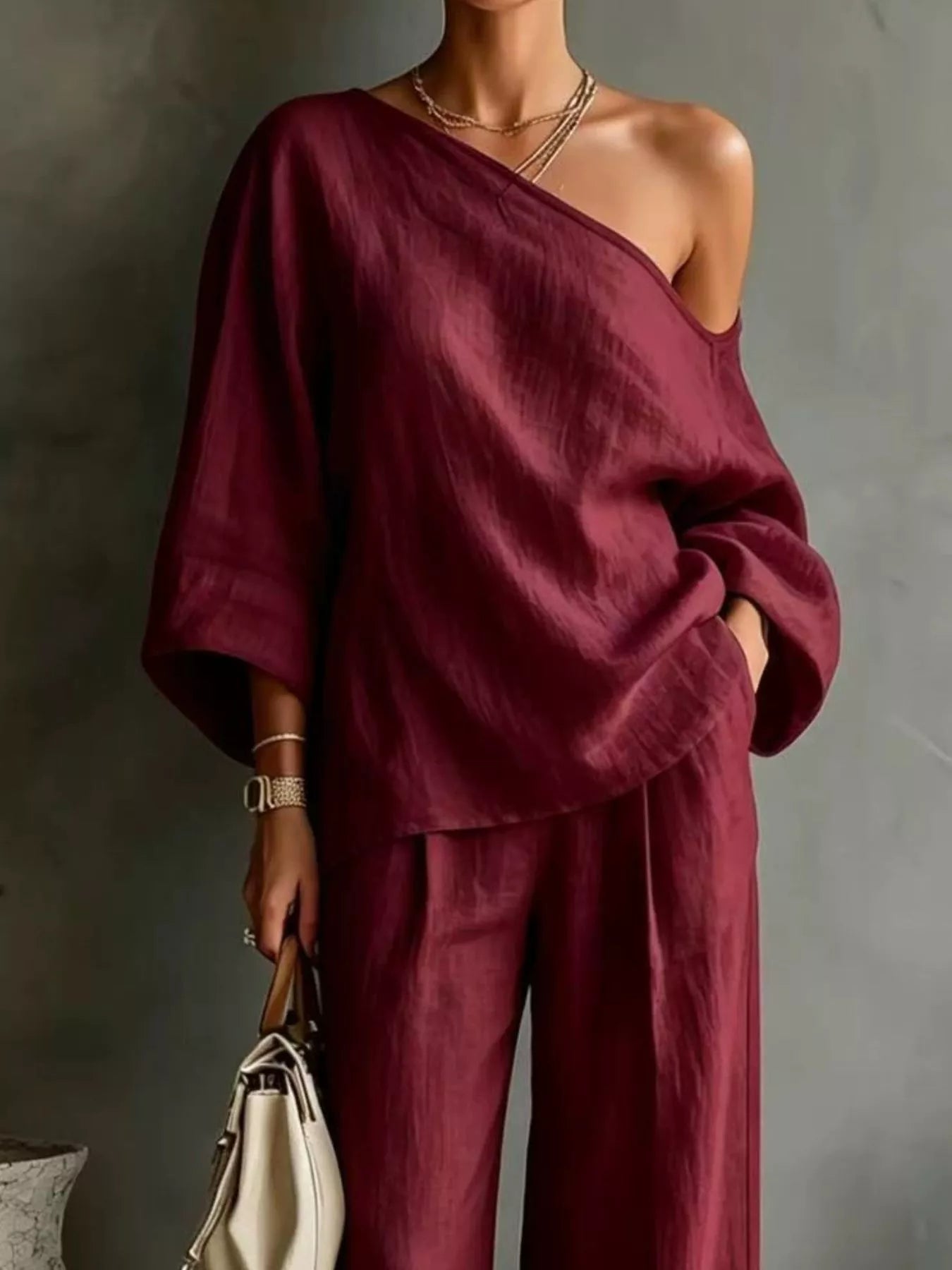 Trendsi One Shoulder Top and Wide Leg Pants Set -
