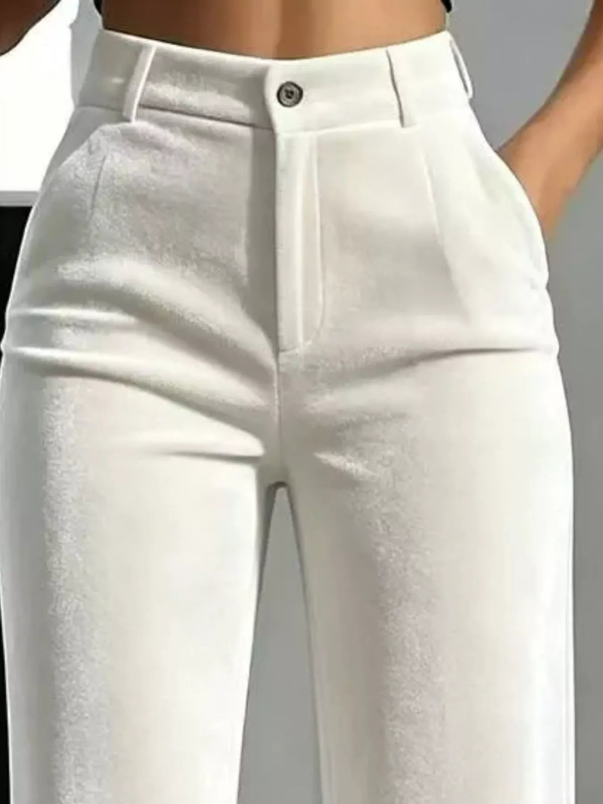 White velvet pants, buttoned waist, belt loops, and side pockets
