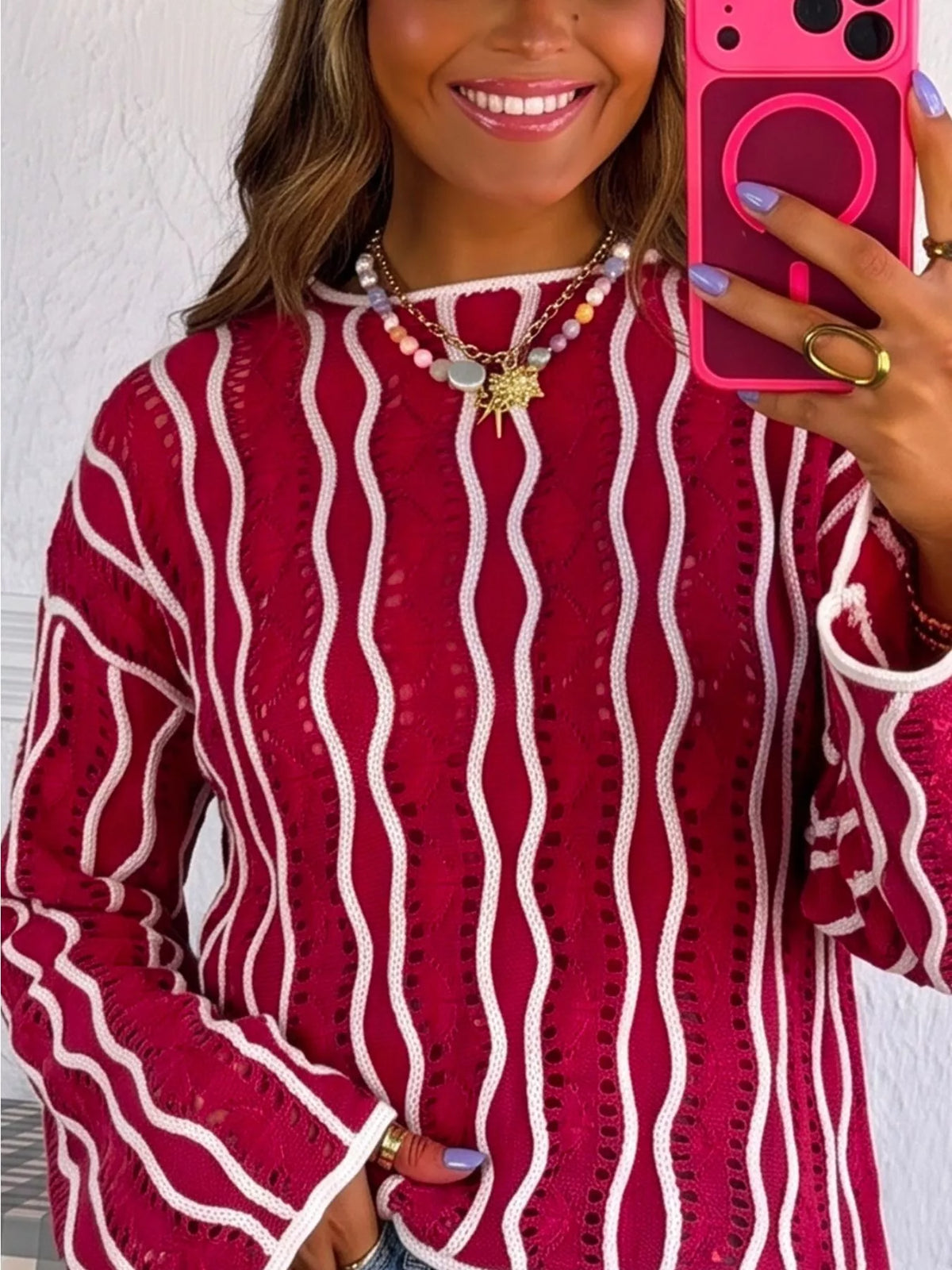 Burgundy wavy openwork long sleeve cotton sweater