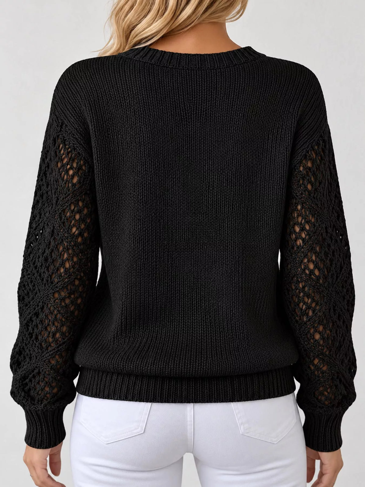 Black v neck openwork long sleeve sweater, back view