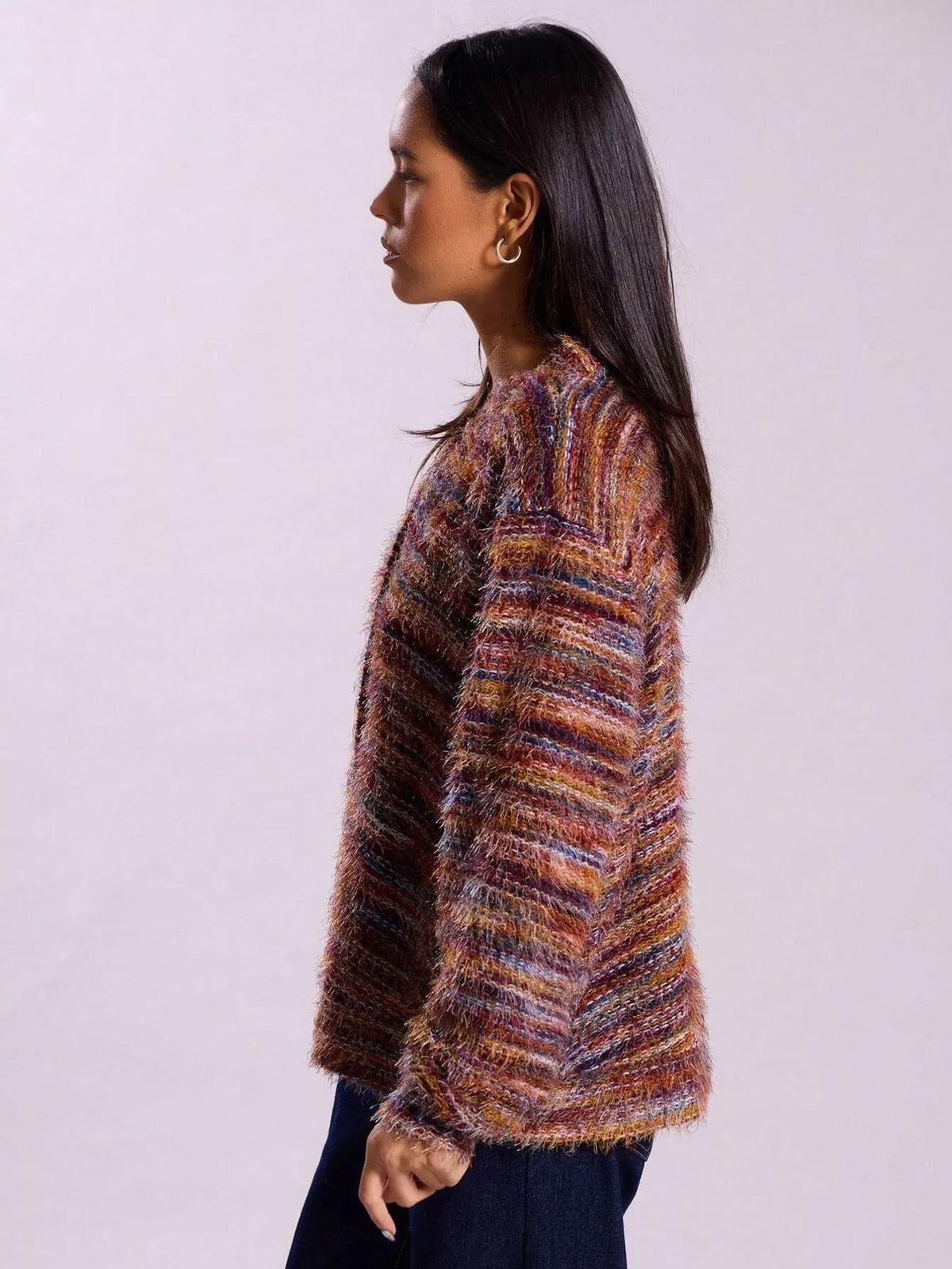 Fuzzy Knit V-Neck Button-Down Cardigan — side view