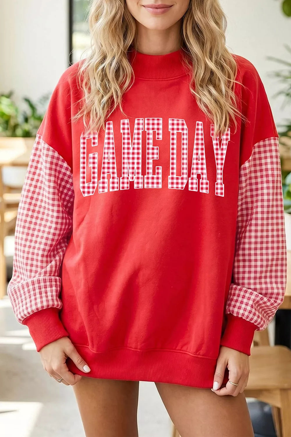 Game Day plaid-sleeve mock-neck sweatshirt