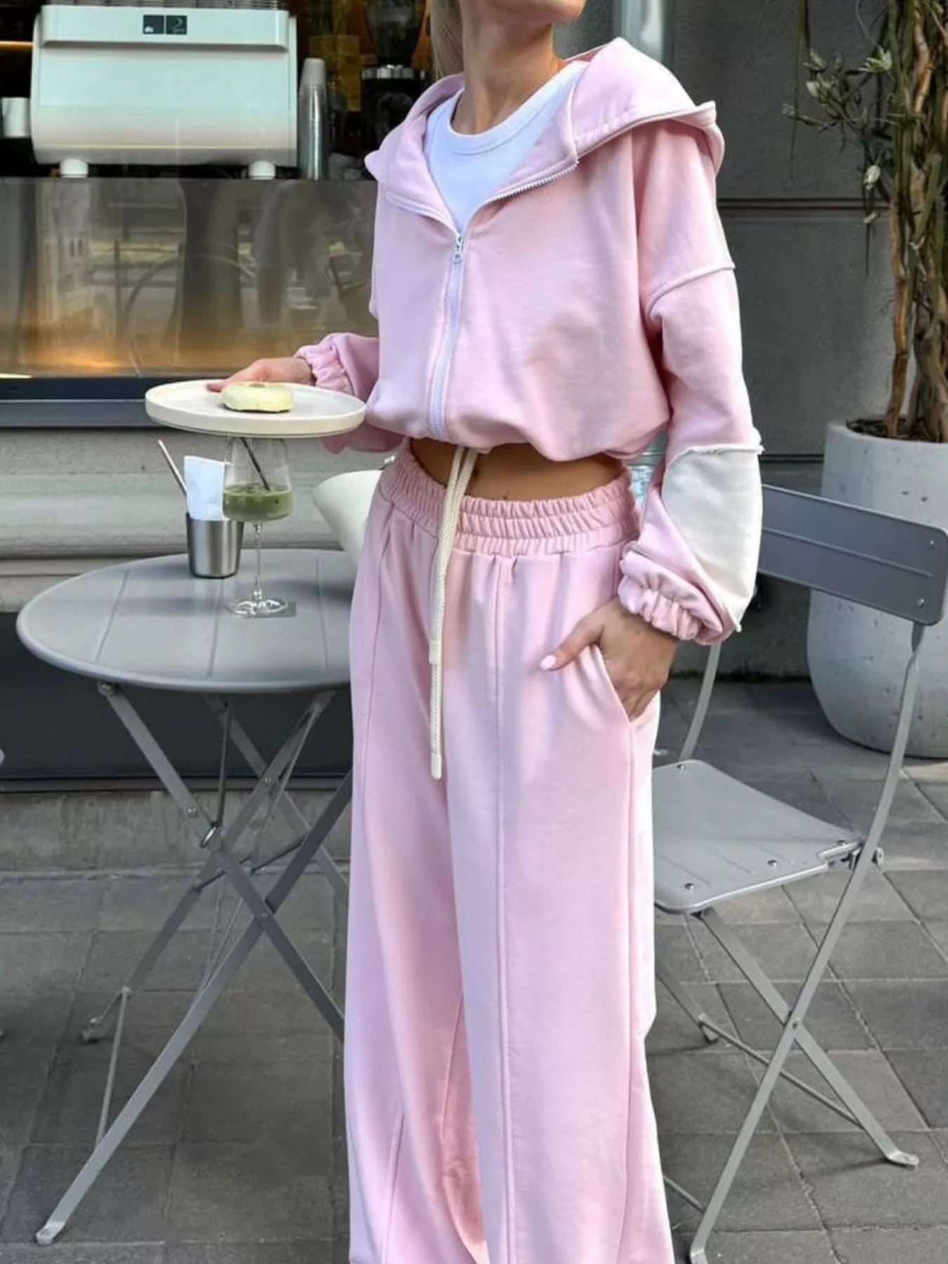 Trendsi Zip Up Hoodie and Wide-Leg Pants Set -