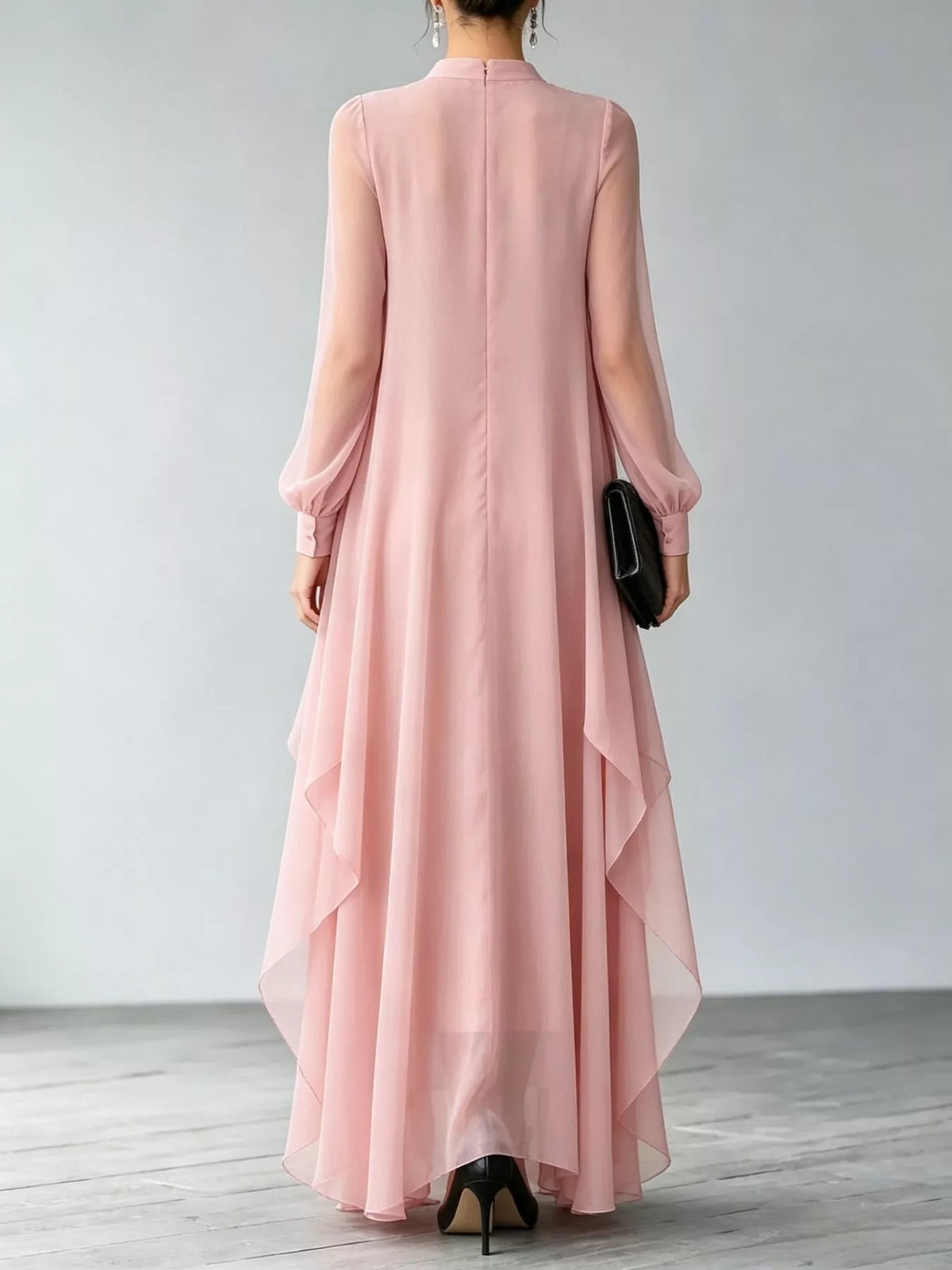 Sheer Sleeve Chiffon Layered Maxi Dress, back view in pink