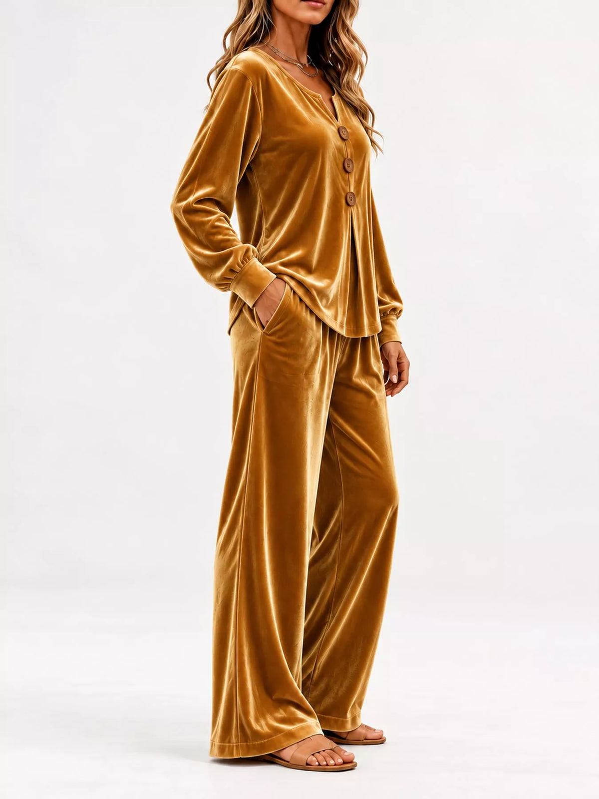 Gold decorative button top and pants set — side view