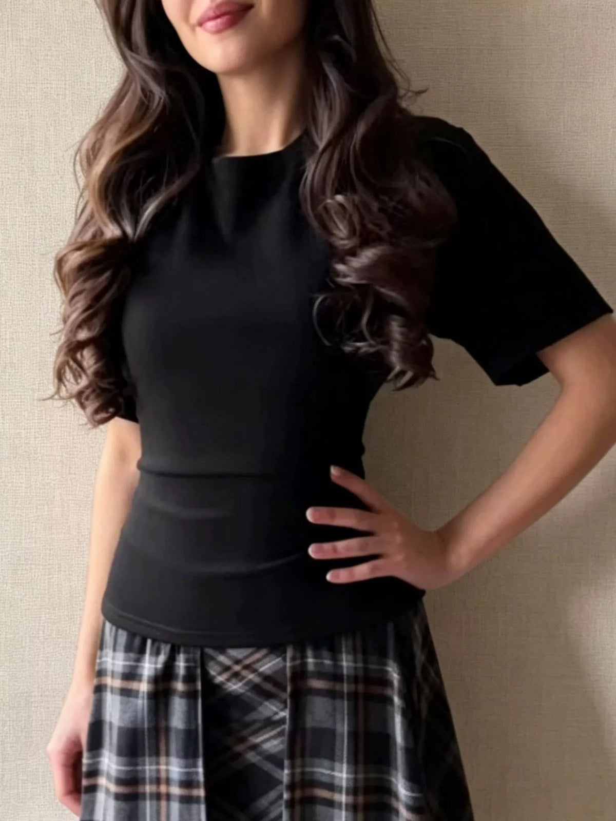 Black tie back round neck short sleeve t shirt, front view