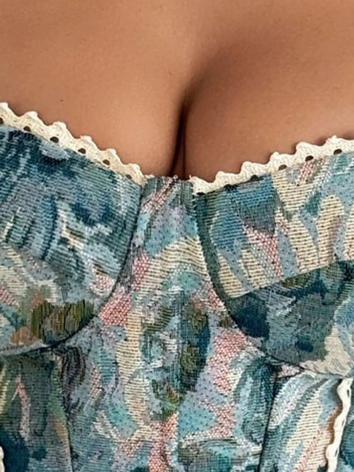 Peacock Blue lace up back printed cami, detail view