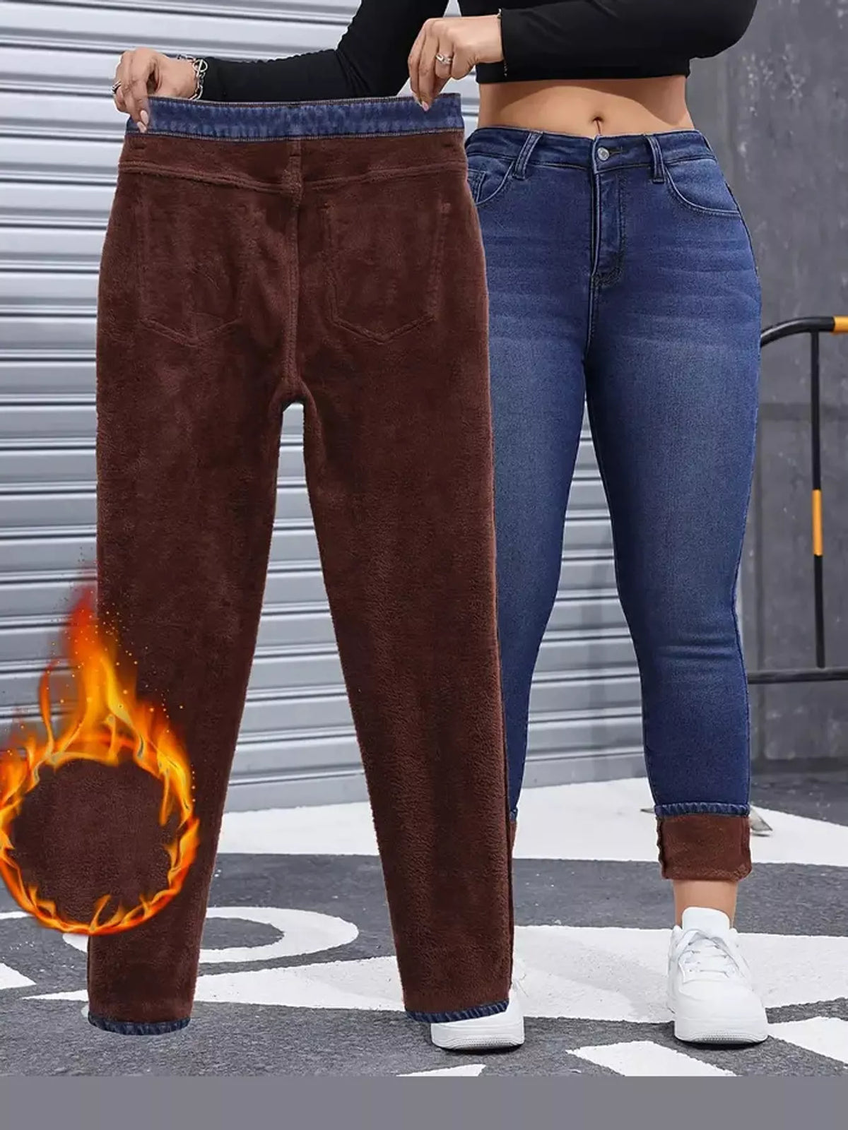 Blue high-waisted fleece-lined skinny jeans