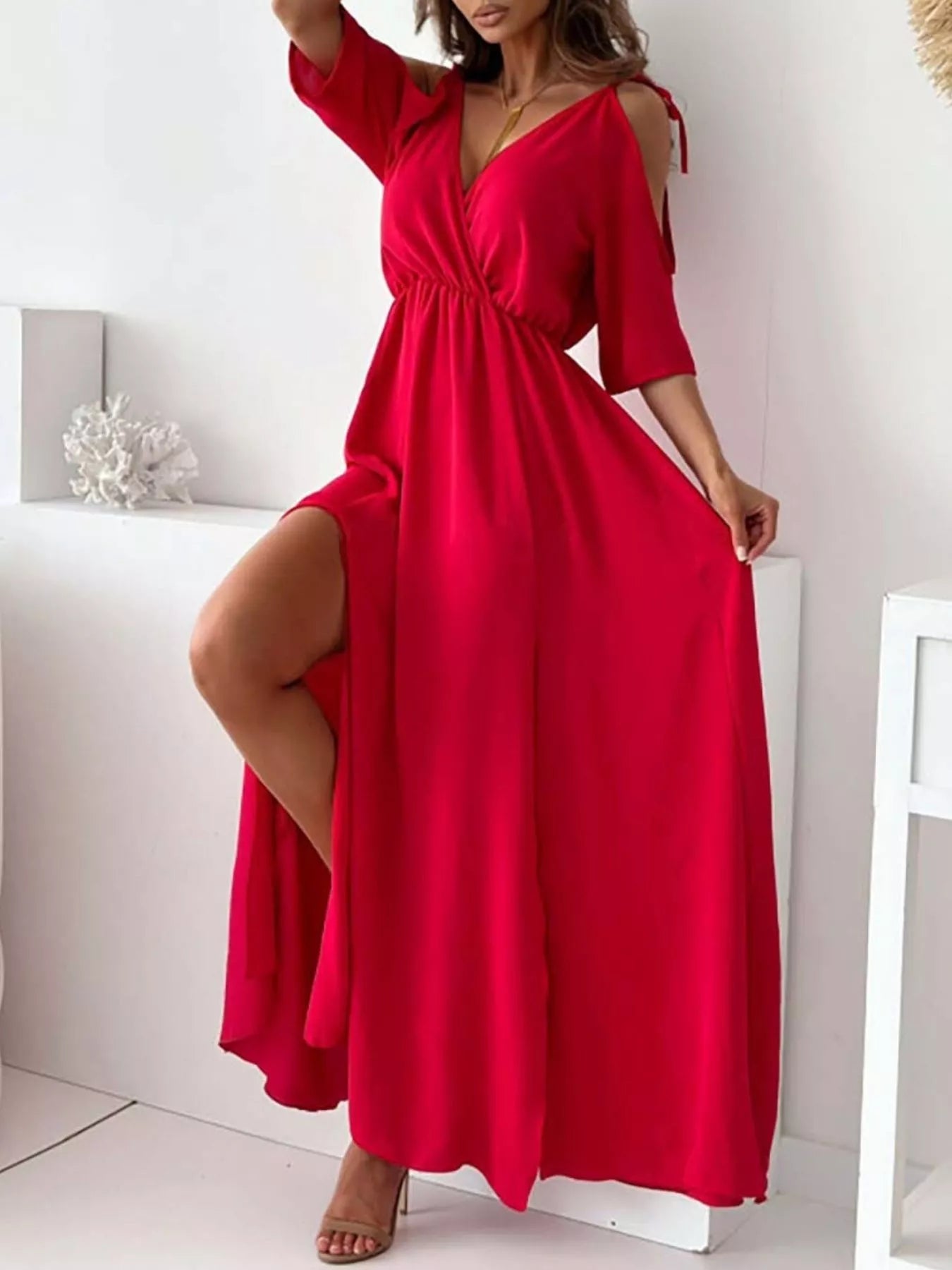Trendsi Slit Cold Shoulder Maxi Dress -