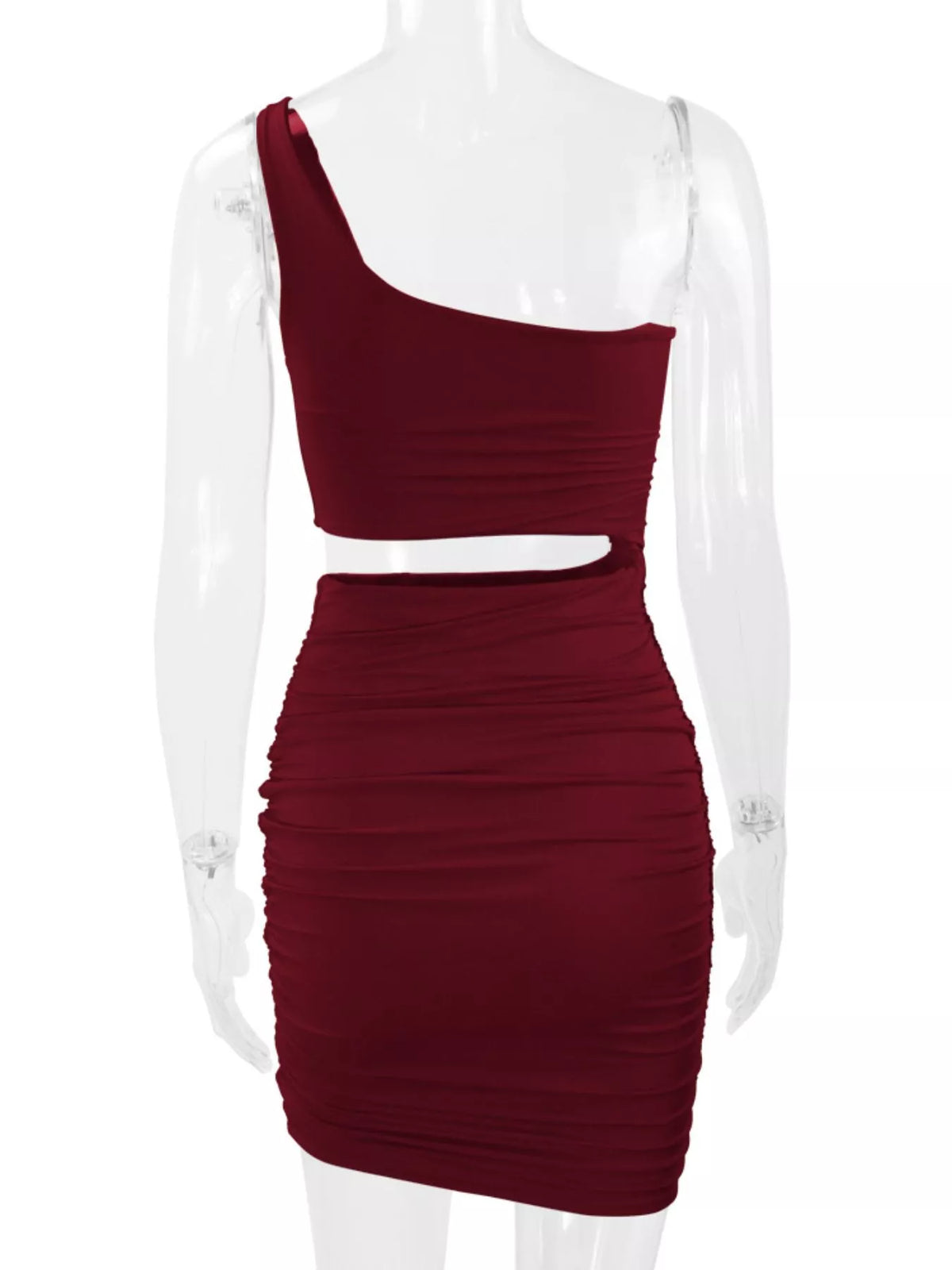 One-shoulder cutout dress, burgundy mannequin back