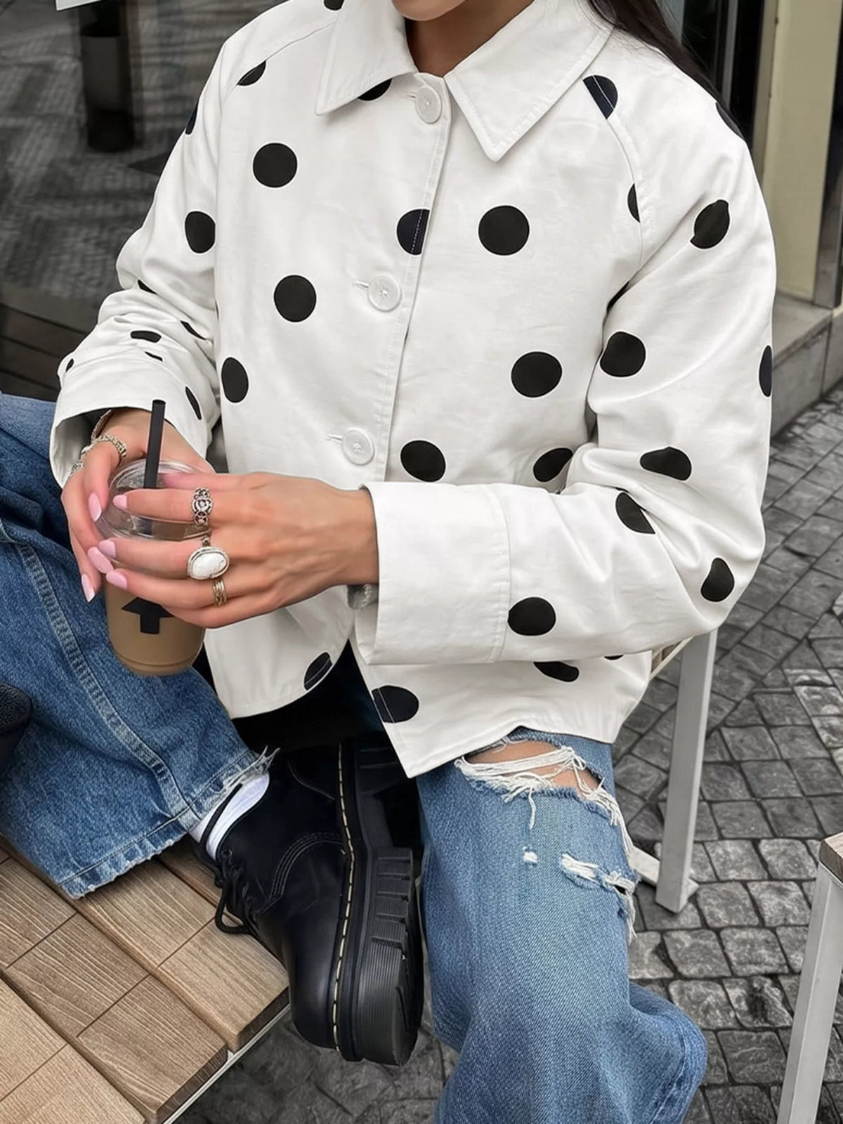 Polka Dot Button-Down Jacket in white, front view