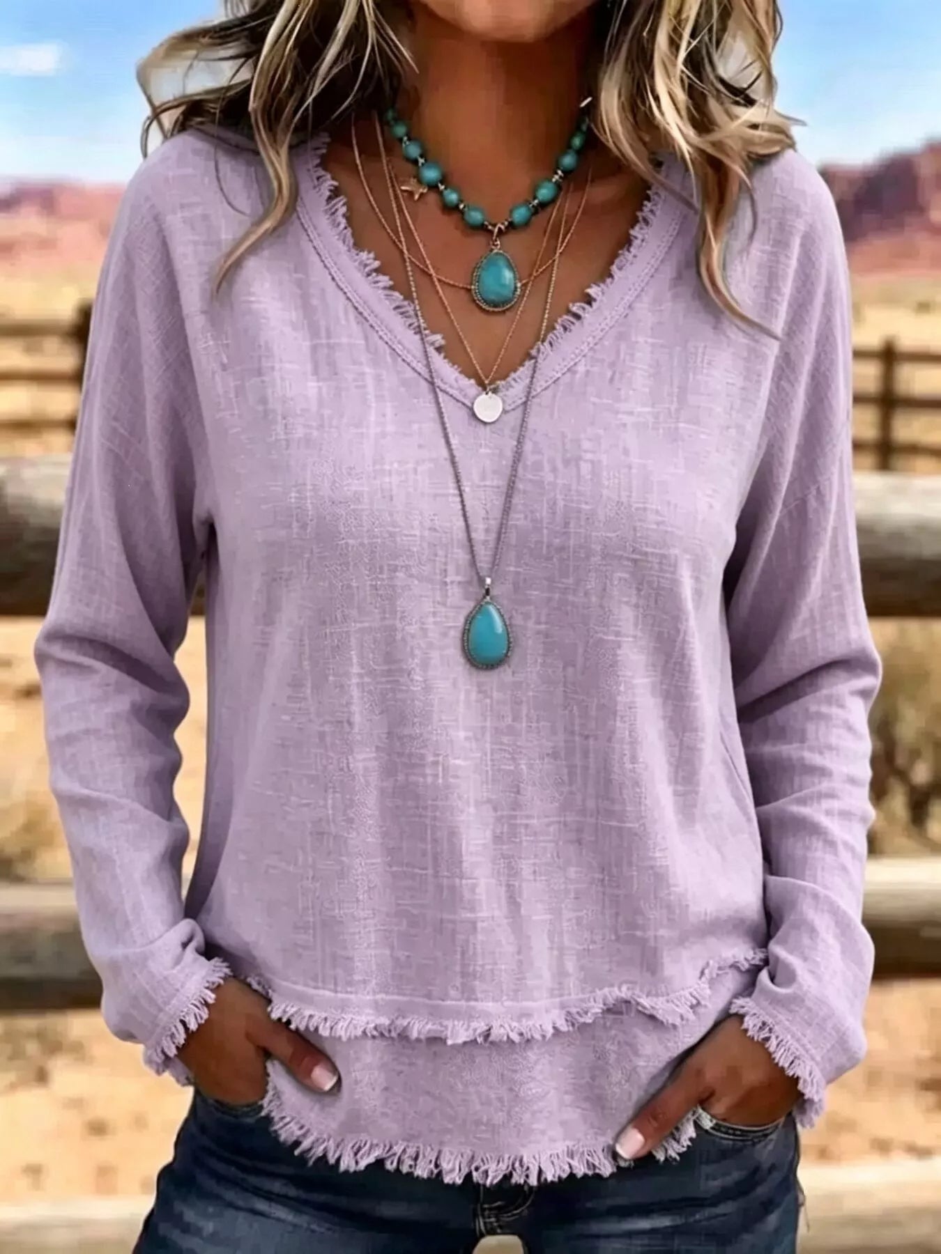 Trendsi V-Neck Long Sleeve Blouse with Frayed Hem Detail -