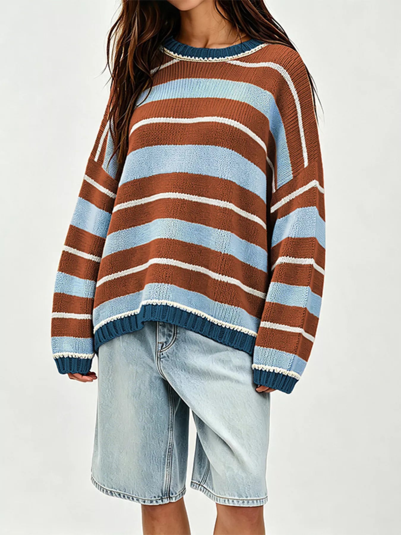 Trendsi Oversized Striped Crew Neck Sweater -