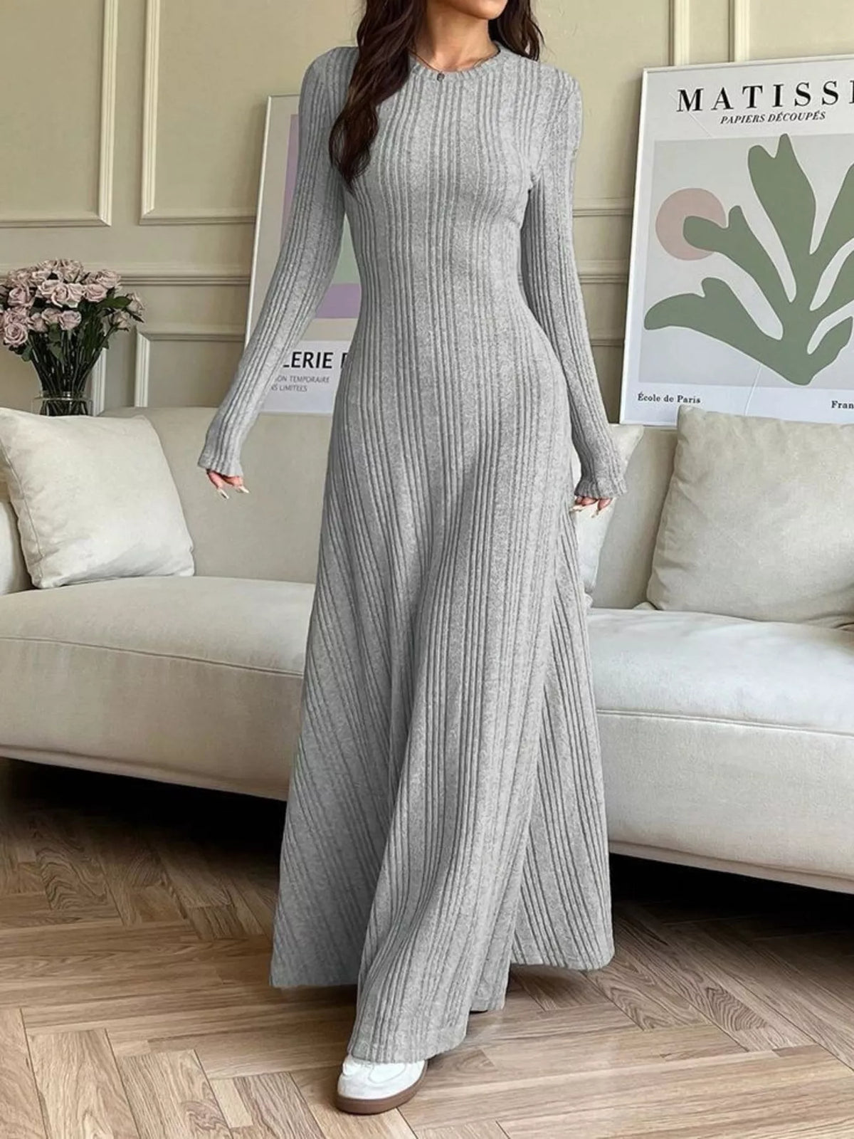 Gray ribbed long-sleeve dress, front view